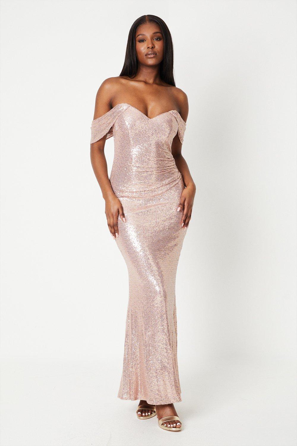 Sequin Bardot Gown - Pink